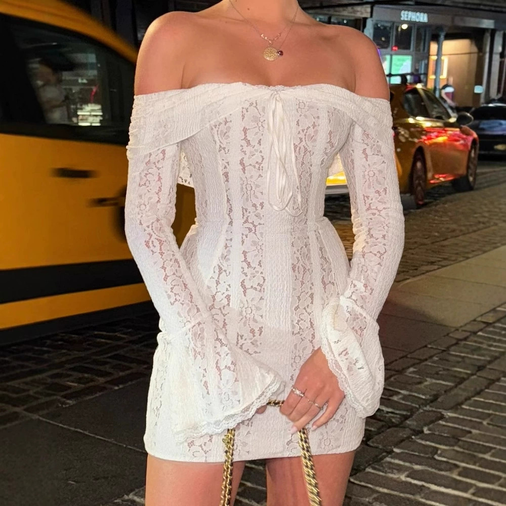 Zara Summer Off Shoulder High Waist Long Sleeve Lace Bodycon Mini Dress